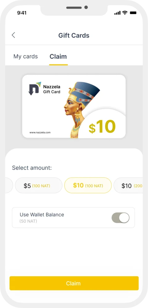 Nazzela gift card screen