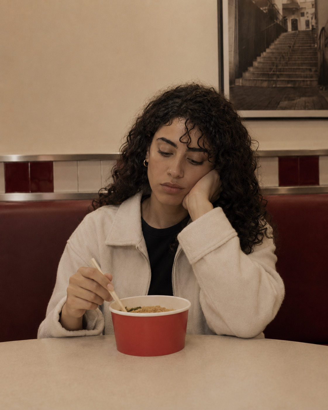 Rejected brand behaviour showing a disengaged diner beside an unbranded red noodle bowl