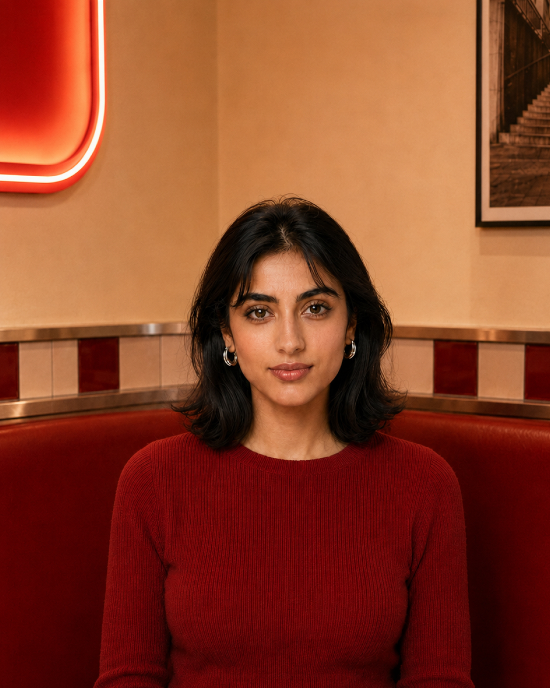 Character A seated for a controlled portrait in the restaurant
