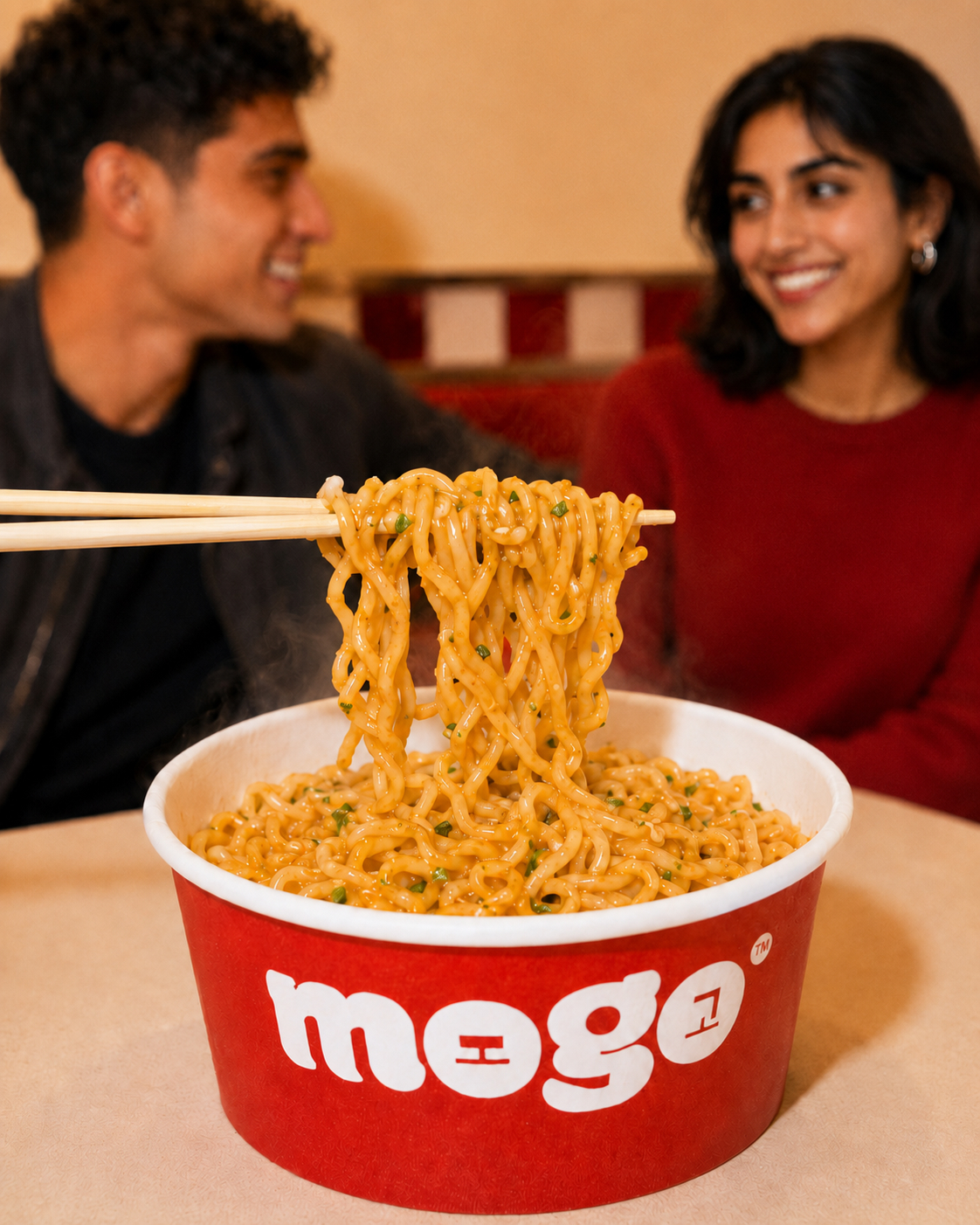 Character A behind a close-up MOGO noodle bowl