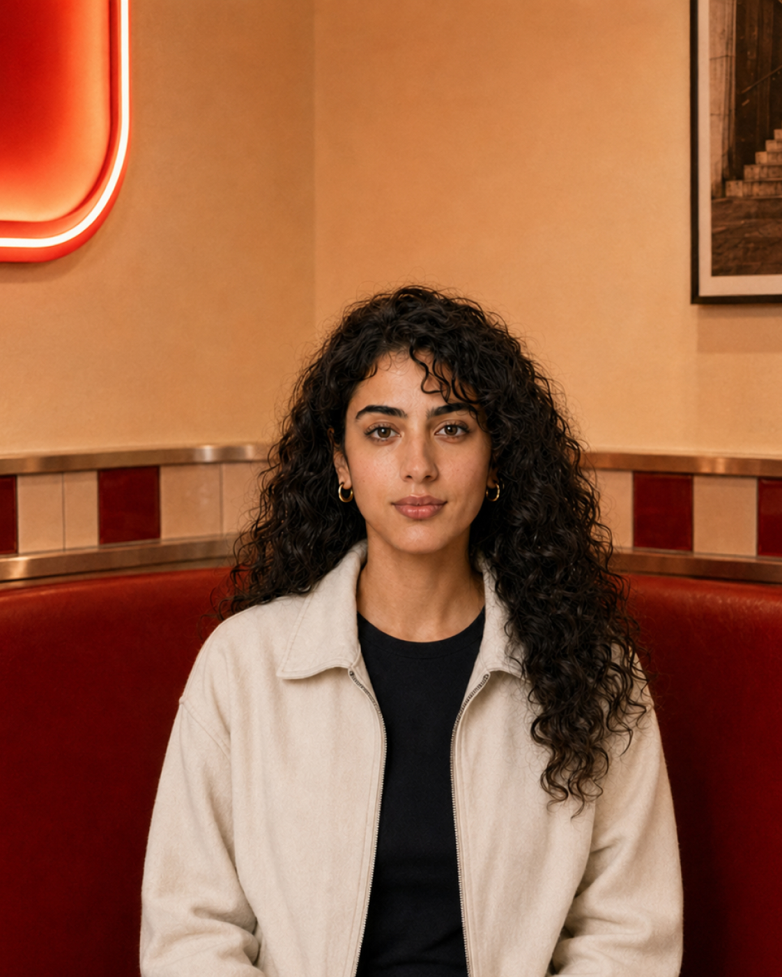 Character B seated for a controlled portrait in the restaurant