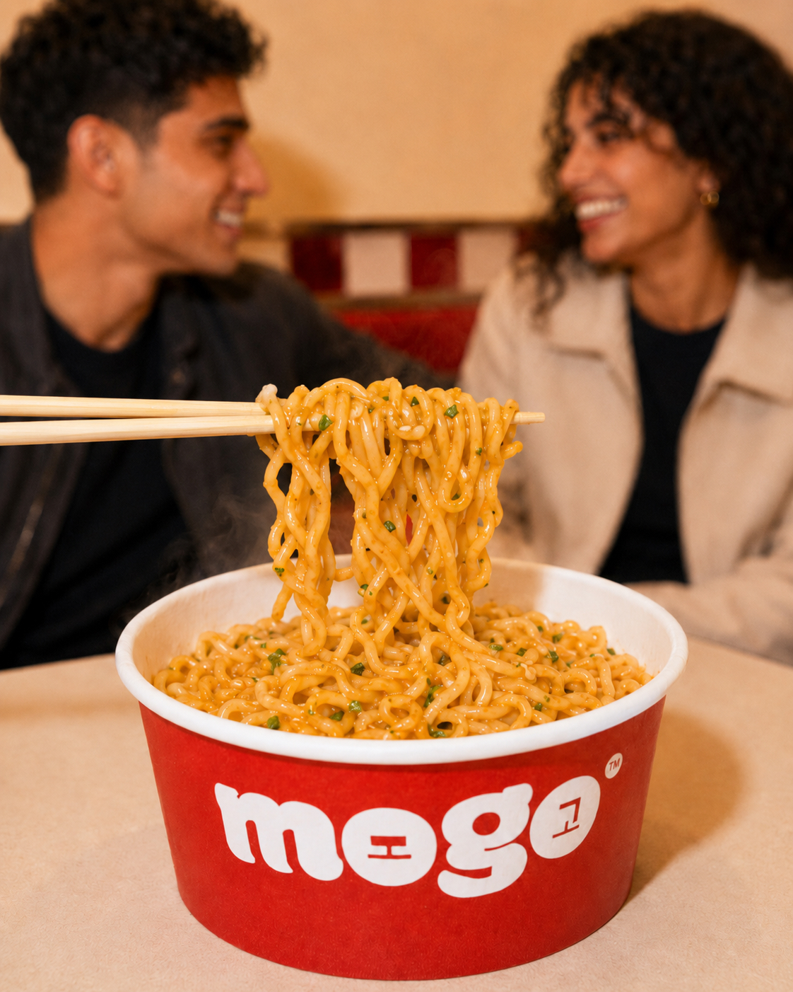 Character B behind a close-up MOGO noodle bowl