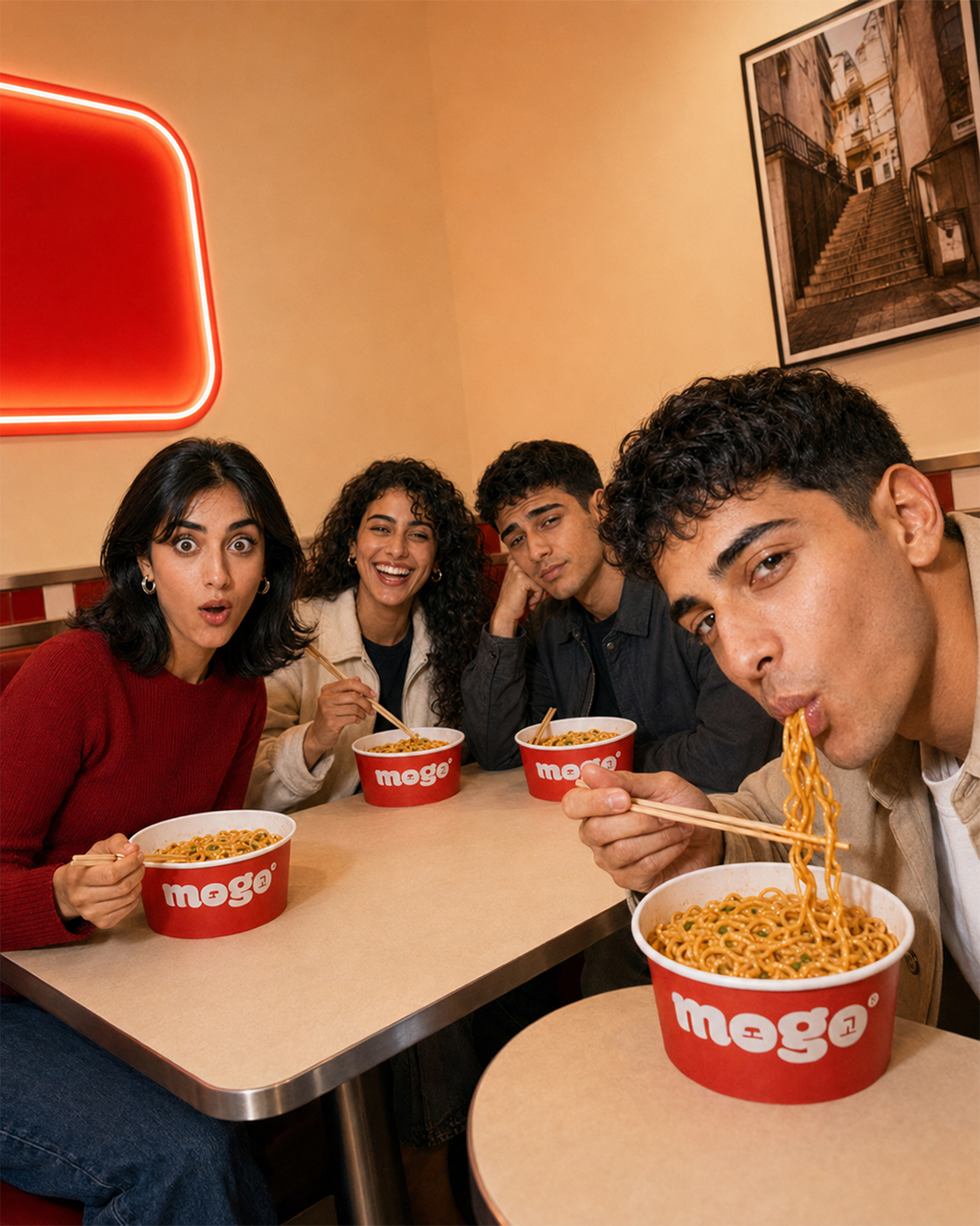 Character A and Character B sharing noodles with friends around a restaurant table