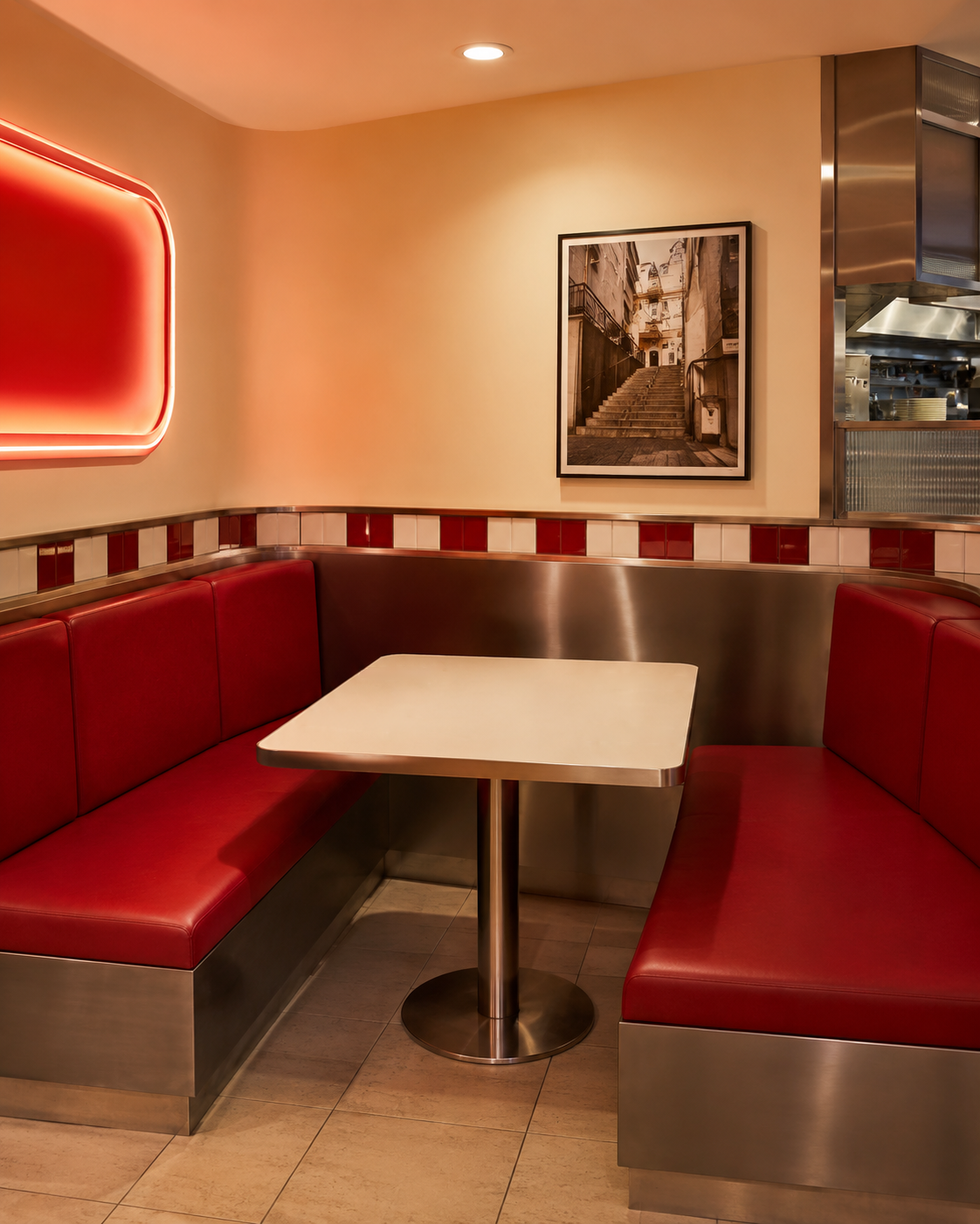 MOGO restaurant booth with red seating, a cream table, tiled walls and stainless-steel details