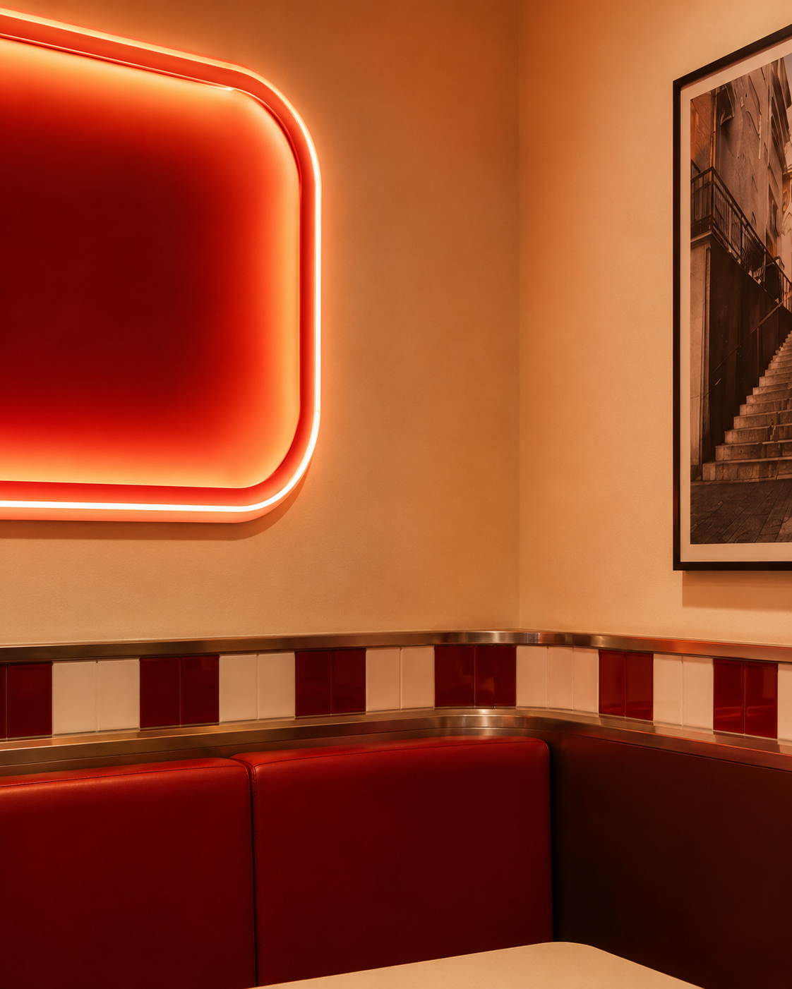 Close view of a MOGO restaurant corner with a red illuminated wall feature and framed artwork
