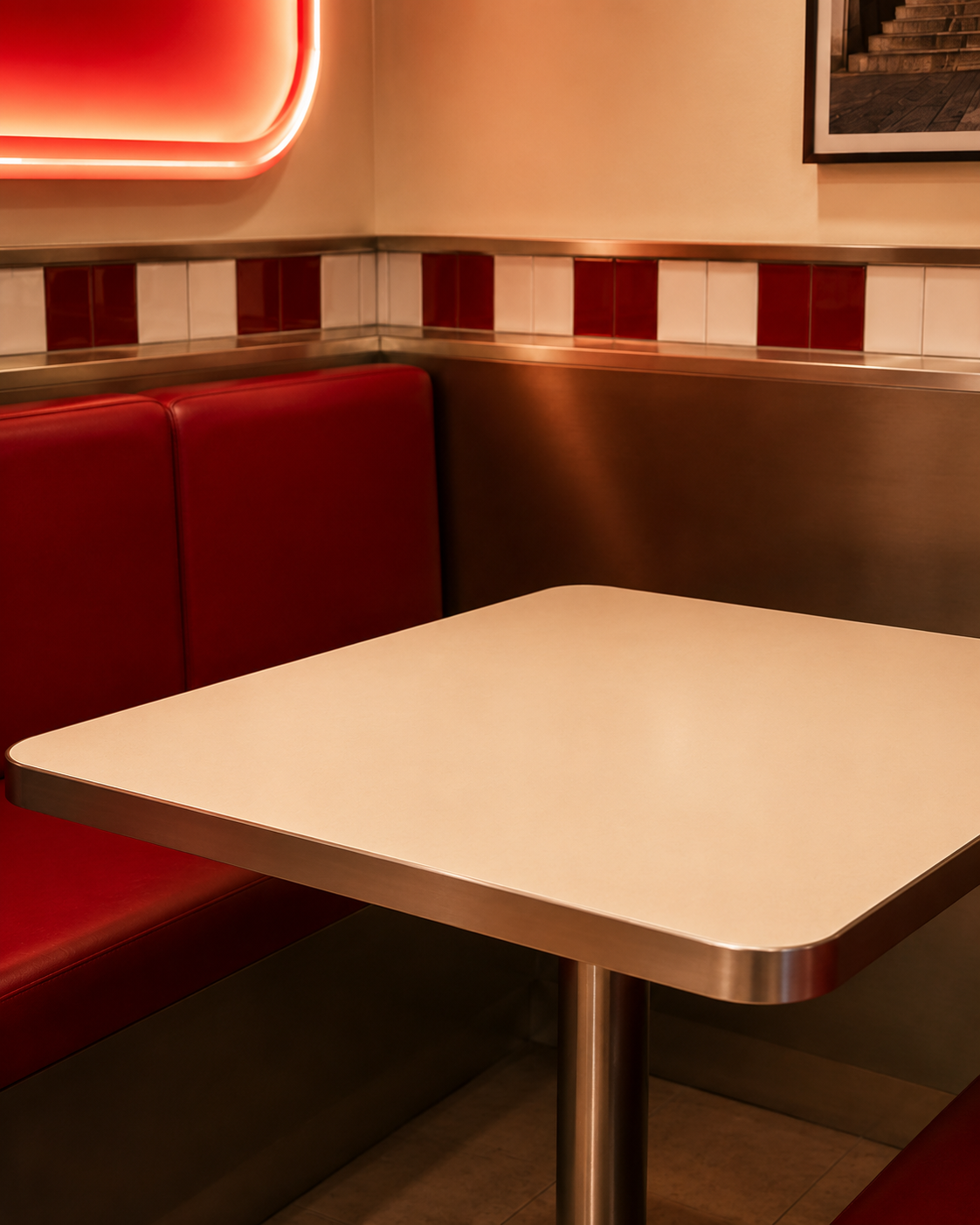 MOGO restaurant booth table with red seating and a red-and-white tiled wall