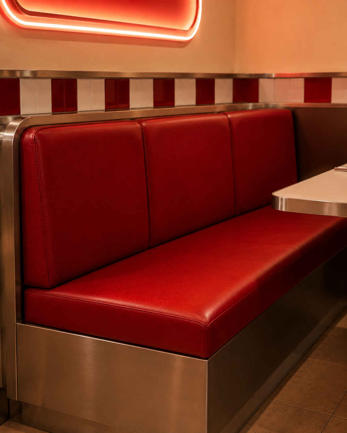 MOGO restaurant red booth seating with stainless-steel framing and a cream table