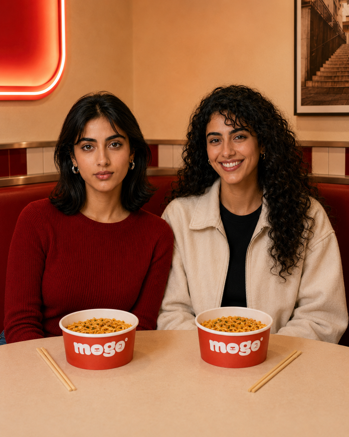 MOGO campaign scene with two people posing before eating