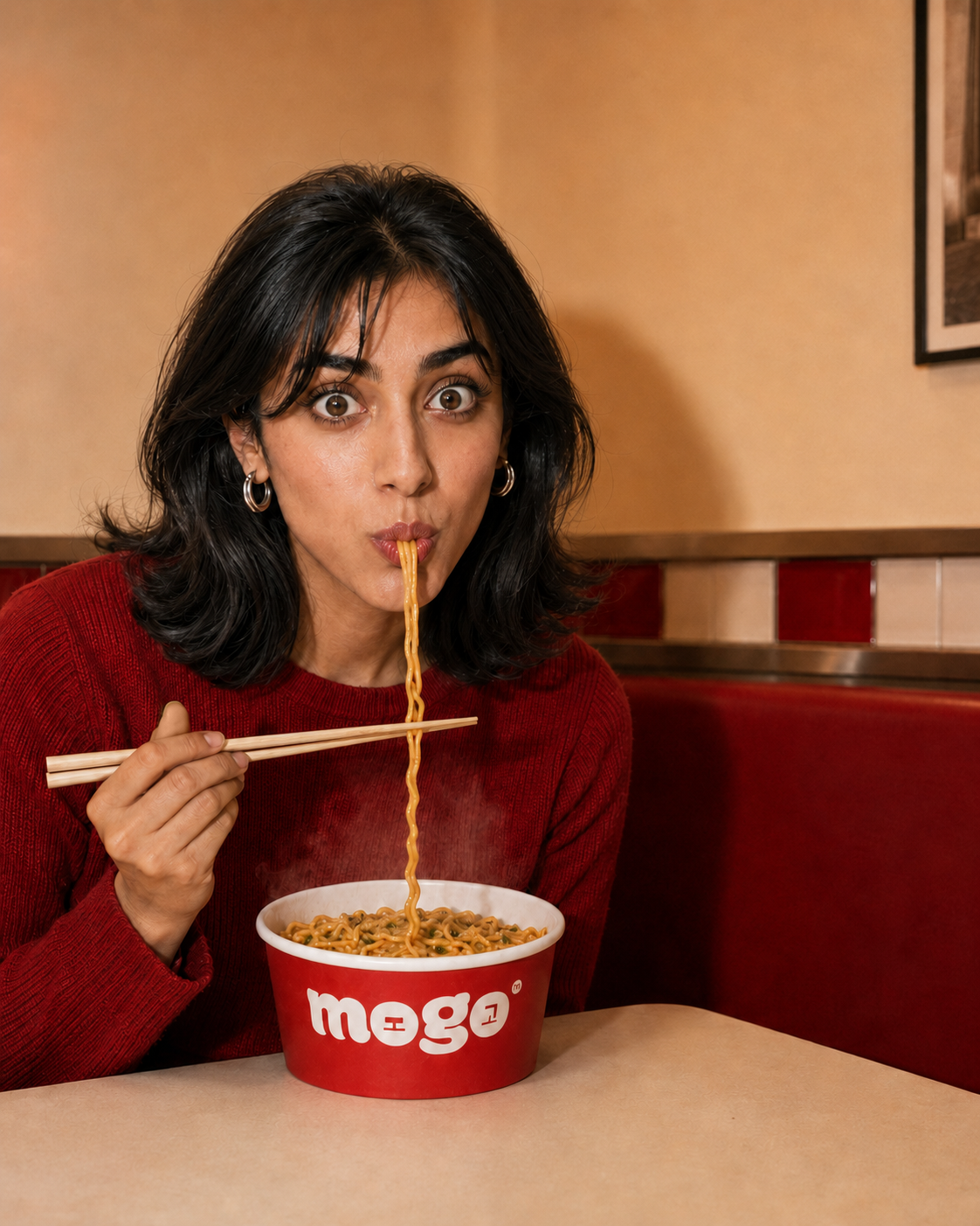 Close MOGO food moment showing noodles being slurped